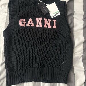 GANNI Black Sweater Vest with Pink Logo